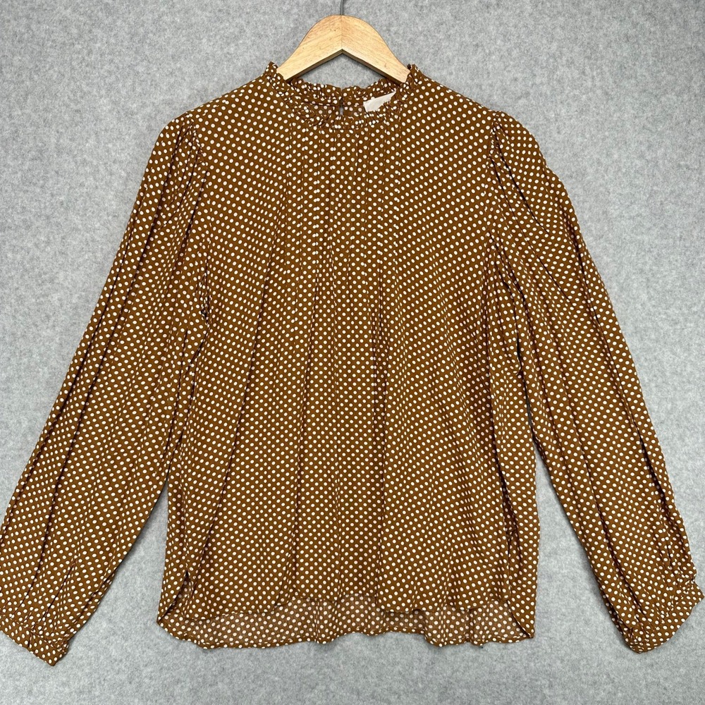 LOFT Polka Dot Ruffle‎ Neck Long Sleeve Blouse Women's Size S Brown White NWT